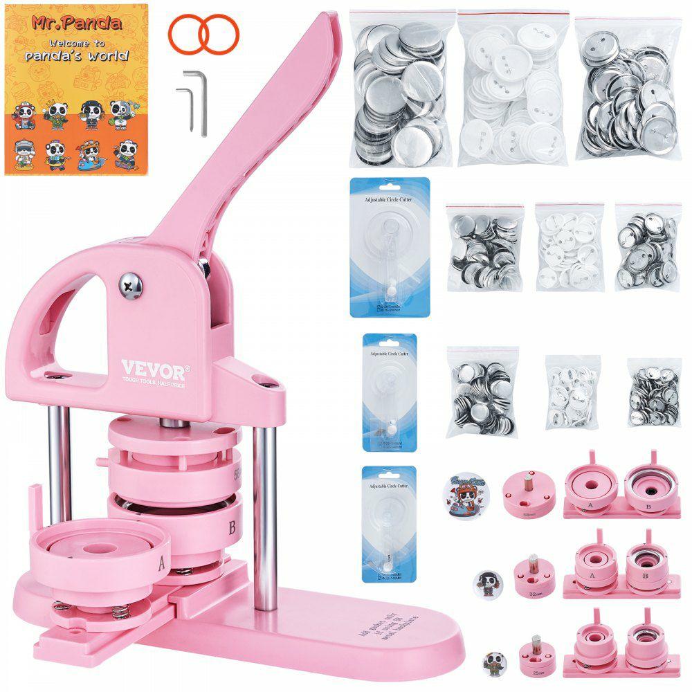 3-IN-1 Button Maker, 1/1.25/2.28 inch(25/32/58mm) Pin Maker, 300pcs Button Parts,Button Maker Machine with Panda Magic Book,  Ergonomic Arc Handle Punch Press Kit, For Children DIY Gifts, Pink  |  Button Maker Arts & Crafts & Sewing Button Maker