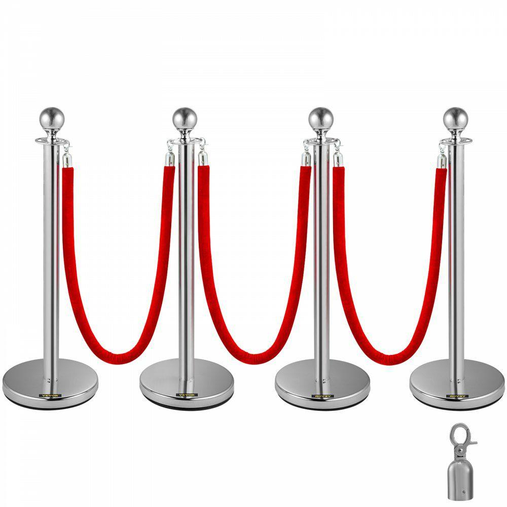 38 Inch Stanchion Posts Queue, Red Velvet Rope (3, Silver) Red Rope Silver Bar |  Stanchion Access Barriers & Crowd Control Access Barriers & Crowd Control