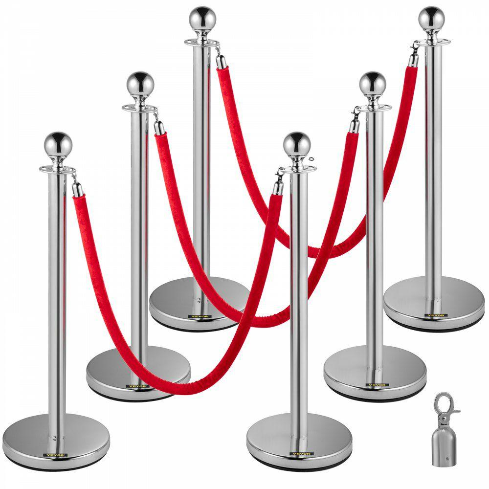 6 PCS Silver Stanchions Posts Stainless Steel Stanchion Queue Post Red Rope Retractable 38In for Both Indoor and Outdoor use.  |  Stanchion Access Barriers & Crowd Control Access Barriers & Crowd Control