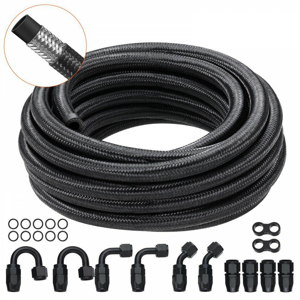 6AN Fuel Line Kit, 20 FT Fuel Hose Kit, 0.34″ Nylon Stainless Steel Braided Fuel Line Oil/Gas/Diesel Hose End Fitting Kit, with 12 PCS Swivel Fitting Adapter Kit, Black  |  Fittings Fittings Fittings