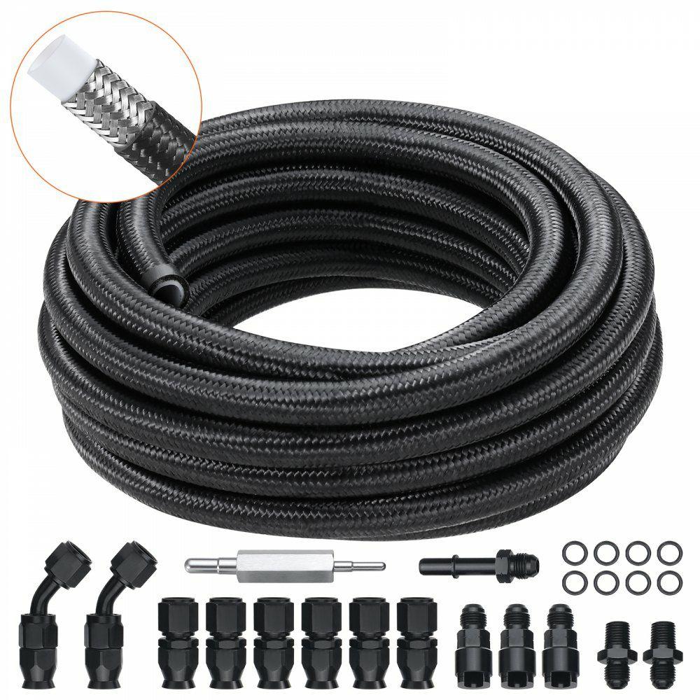 6AN Fuel Line Kit, 25 FT Fuel Hose Kit, 5/16″ Nylon Stainless Steel Braided PTFE Fuel Line Kit, E85/Oil/Gas/Diesel Hose End Fitting Kit, with 15 PCS Swivel Fitting Adapter Kit, Black  |  Fittings Fittings Fittings