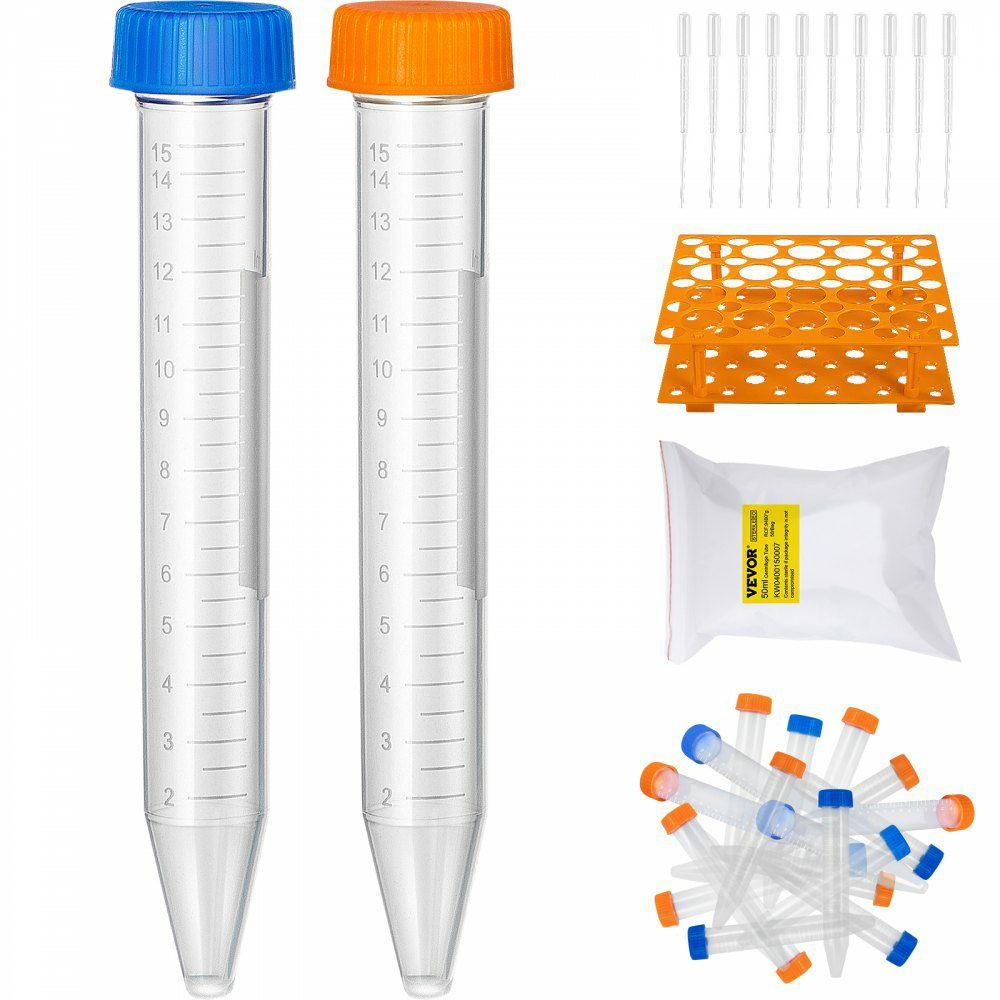 Conical Centrifuge Tubes, 15mL, 500Pcs PP Graduated Container w/ Leak-proof Screw Cap, Write Mark & Test Tube Rack, DN/RNase Free, for Lab Sample Storage & Separate, Blue & Orange  |  Glassware & Labware Glassware & Labware Glassware & Labware