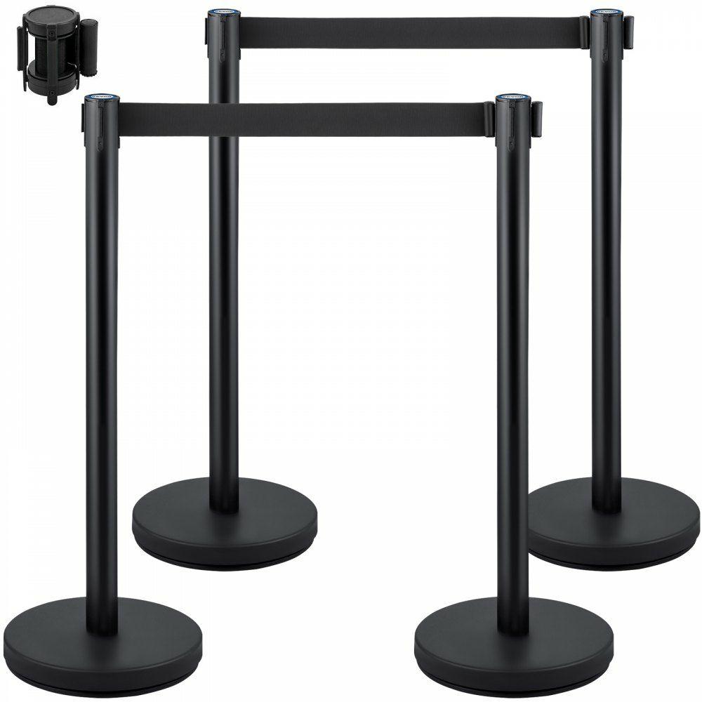 Crowd Control Stanchion, Set of 4 Pieces Stanchion Set, Stanchion Set with 6.6 ft/2 m Black Retractable Belt, Black Crowd Control Barrier w/Concrete and Metal Base – Easy Connect Assembly  |  Access Barriers & Crowd Control Access Barriers & Crowd Control Access Barriers & Crowd Control