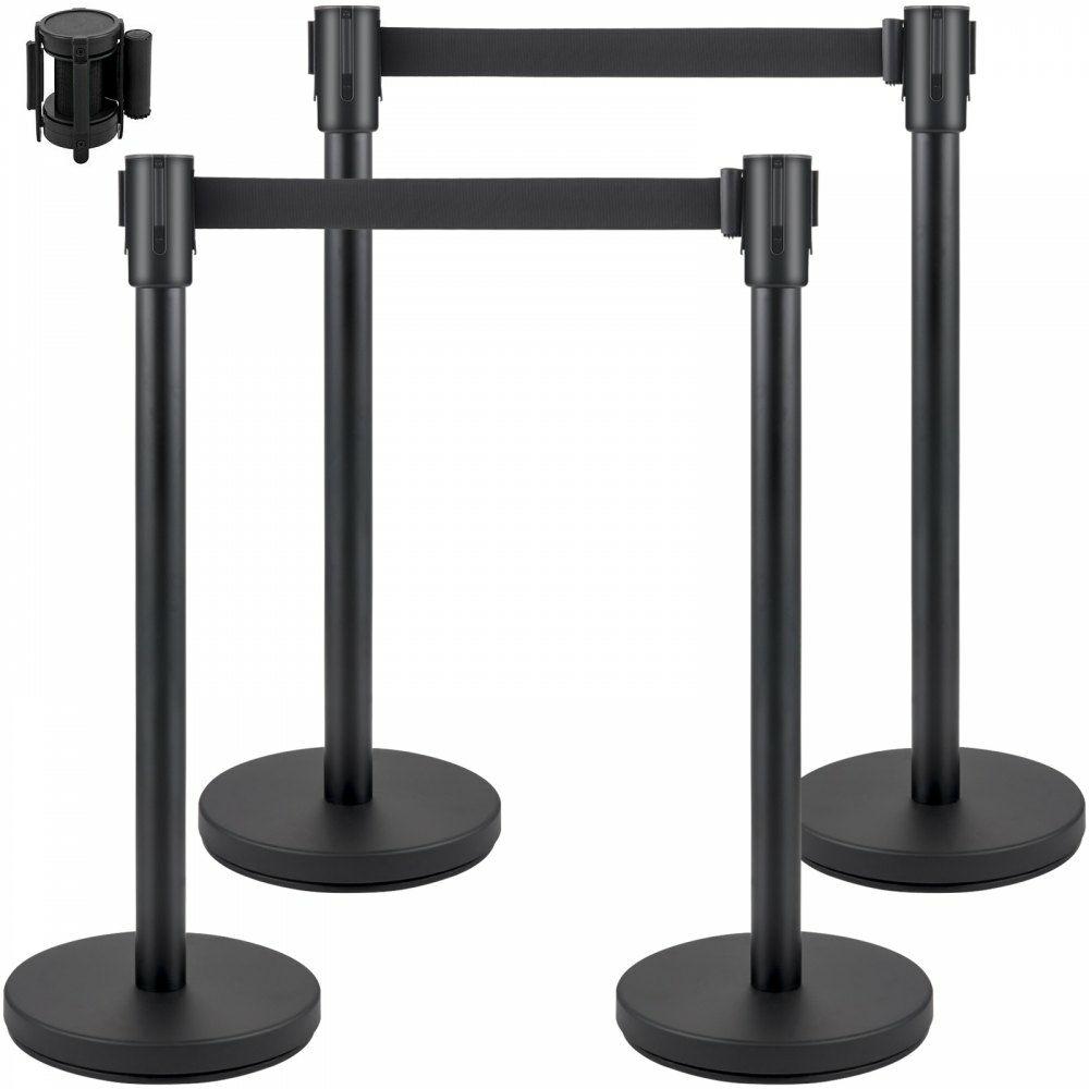 Crowd Control Stanchion, Set of 4 Pieces Stanchion Set, Stanchion Set with 6.6 ft/2 m Black Retractable Belt, Black Crowd Control Barrier w/Concrete and Metal Base – Easy Connect Assembly  |  Access Barriers & Crowd Control Access Barriers & Crowd Control Access Barriers & Crowd Control