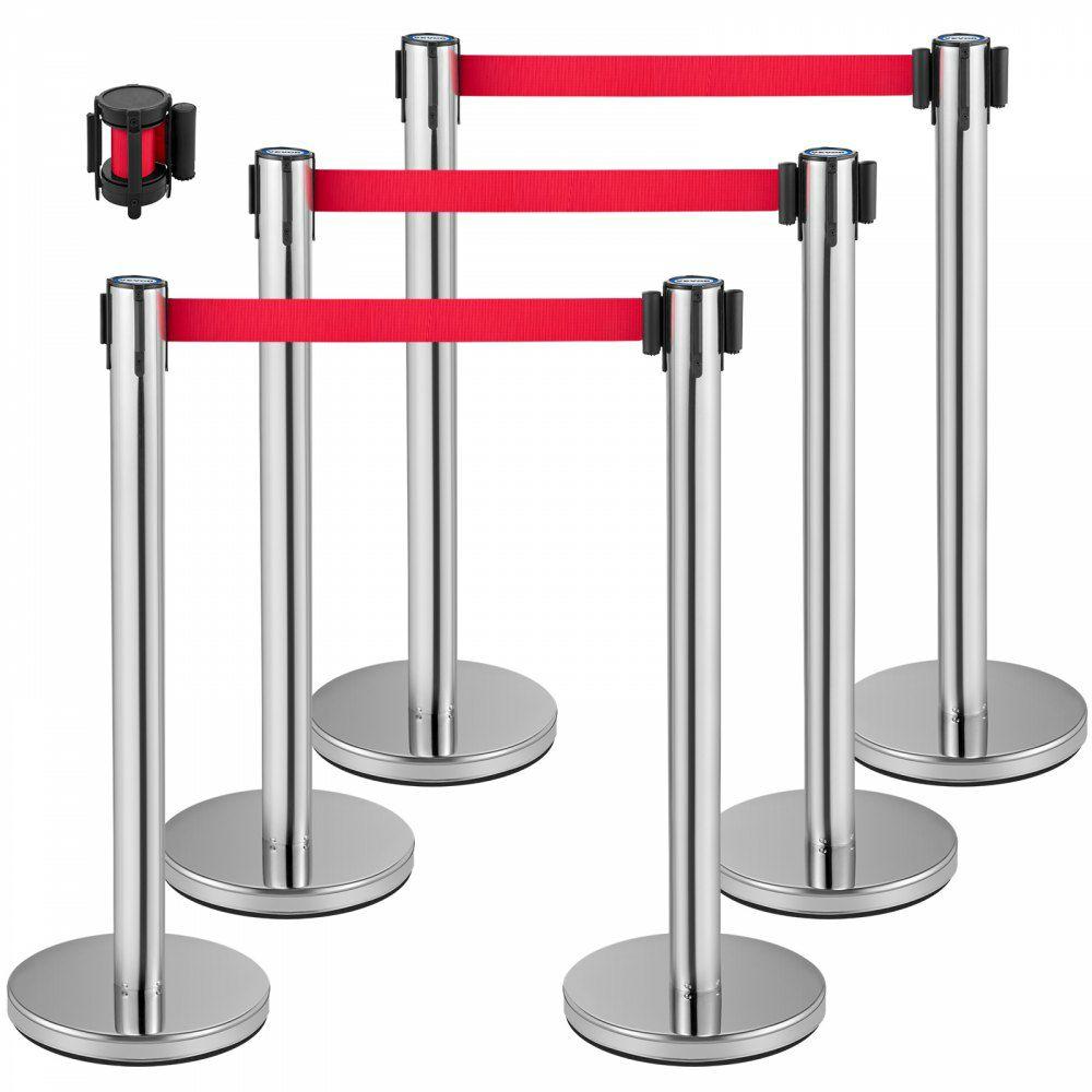 Crowd Control Stanchion, Set of 6 Pieces Stanchion Set, Stanchion Set w/ 6.6 ft/2 m Red Retractable Belt, Crowd Control Barrier w/Rubber Base – Easy Connect Assembly for Crowd Control (Silver) Silver Bar With Red Fabric |  Access Barriers & Crowd Control Access Barriers & Crowd Control Access Barriers & Crowd Control