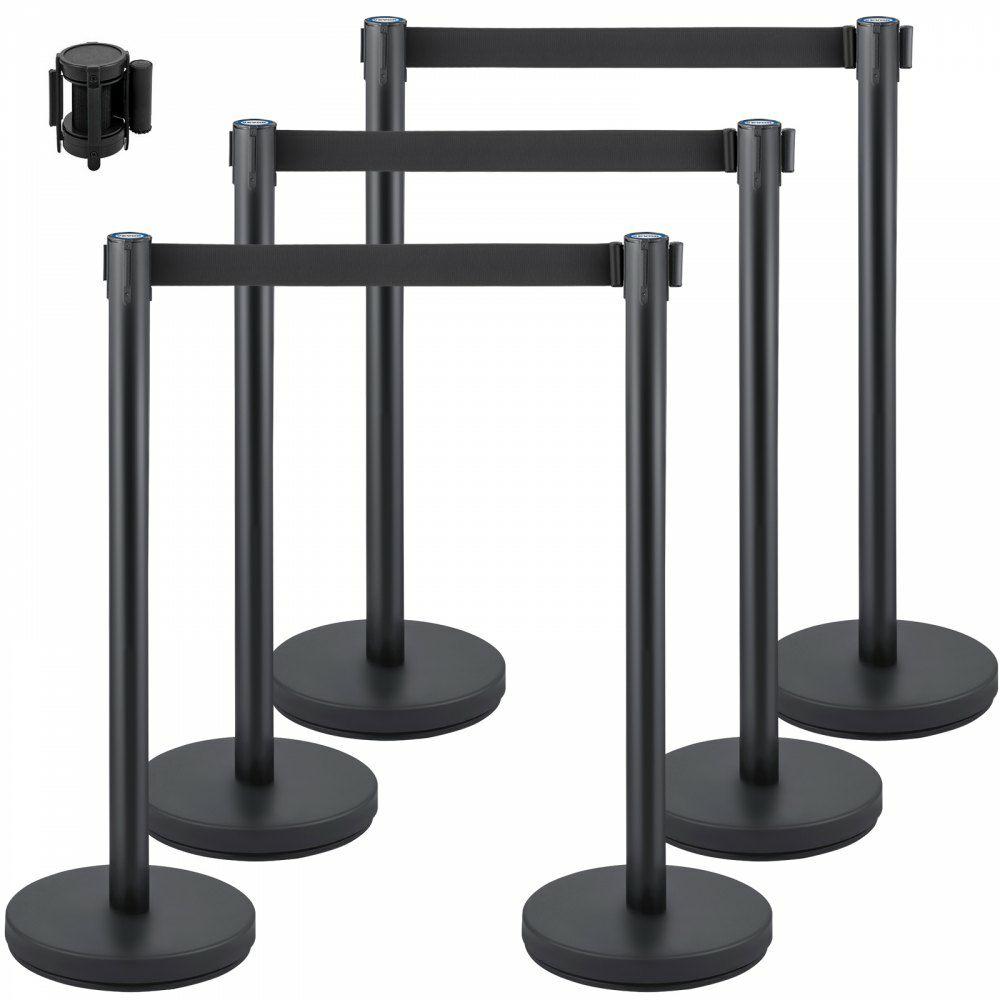 Crowd Control Stanchion, Set of 6 Pieces Stanchion Set, Stanchion Set with 6.6 ft/2 m Black Retractable Belt, Black Crowd Control Barrier w/Concrete and Metal Base – Easy Connect Assembly  |  Access Barriers & Crowd Control Access Barriers & Crowd Control Access Barriers & Crowd Control