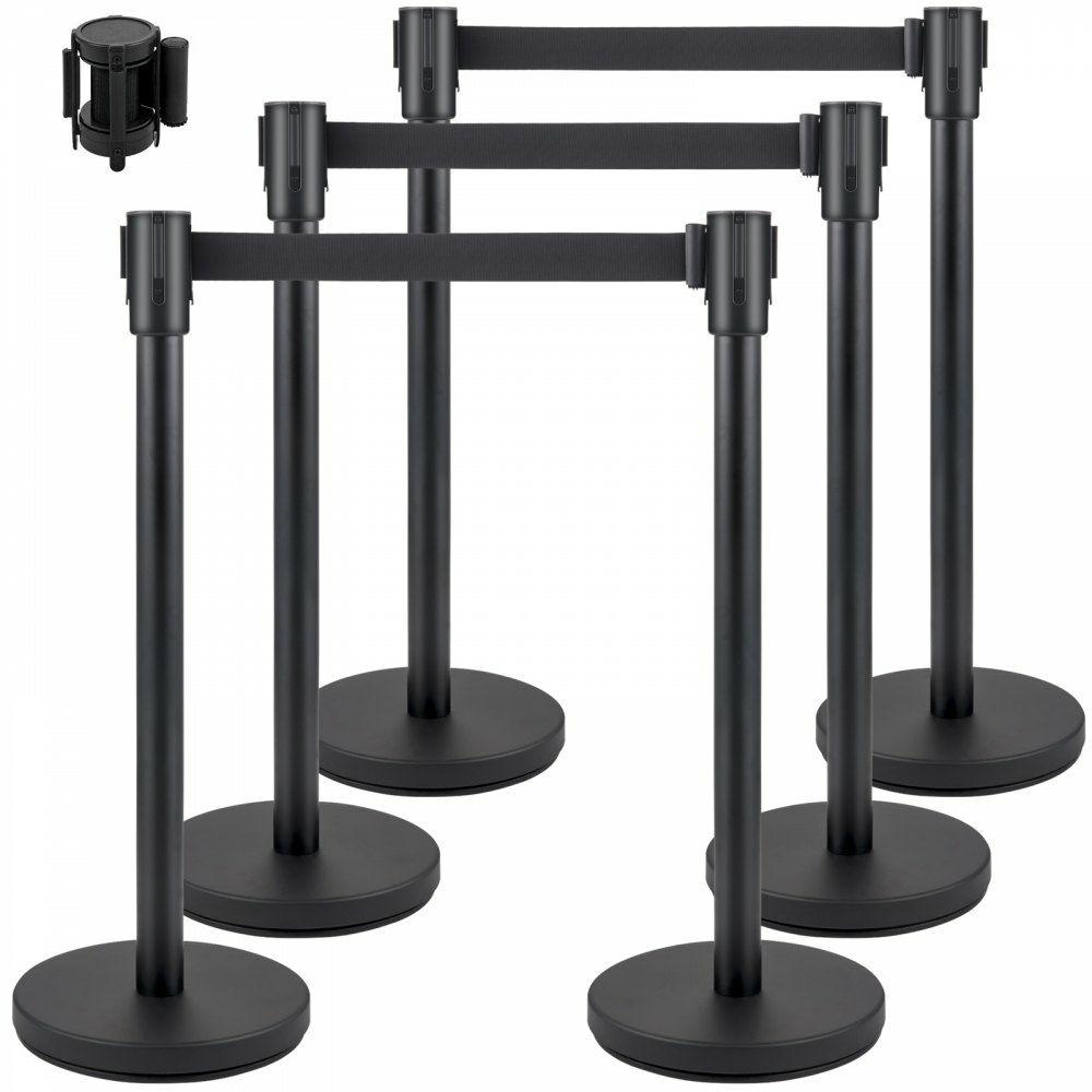 Crowd Control Stanchion, Set of 6 Pieces Stanchion Set, Stanchion Set with 6.6 ft/2 m Black Retractable Belt, Black Crowd Control Barrier w/Concrete and Metal Base – Easy Connect Assembly  |  Stanchion Access Barriers & Crowd Control Access Barriers & Crowd Control