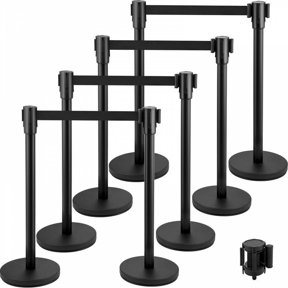 Crowd Control Stanchion, Set of 8 Pieces Stanchion Set, Stanchion Set with 6.6 ft/2 m Black Retractable Belt, Black Crowd Control Barrier w/ Concrete and Metal Base – Easy Connect Assembly  |  Access Barriers & Crowd Control Access Barriers & Crowd Control Access Barriers & Crowd Control