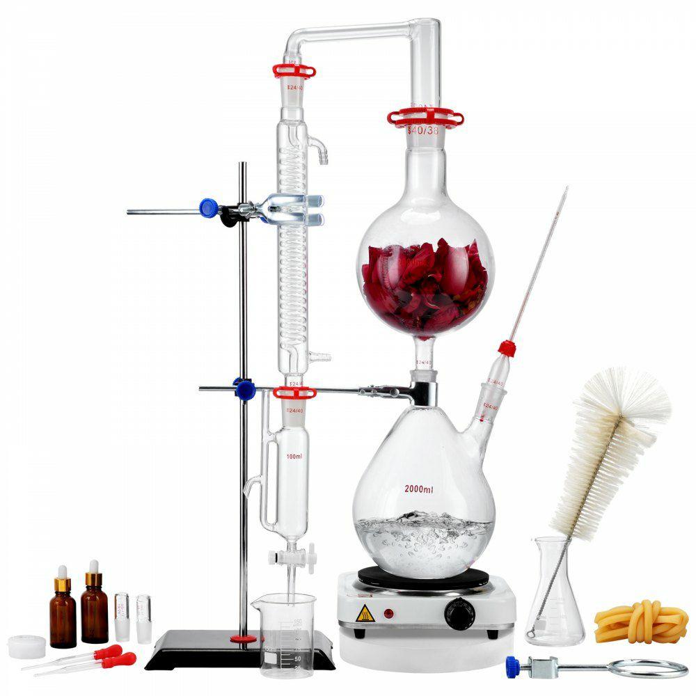 Essential Oil Distillation Kit, 2000ml Distillation Apparatus, 3.3 Boro Lab Glassware Distillation Kit with 1000W Heating Plate and 24, 40 Joint, 28 pcs Set  |  Glassware & Labware Glassware & Labware Glassware & Labware