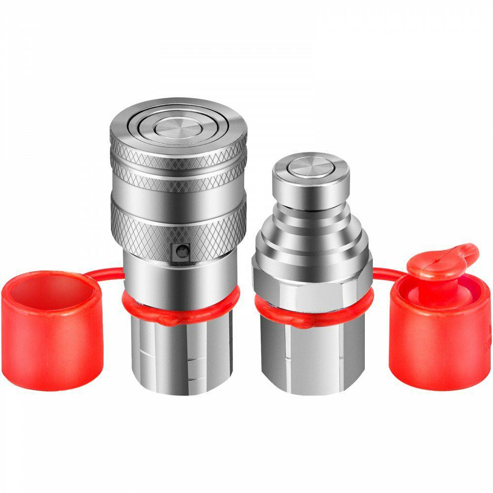 Flat Face Hydraulic Couplers 1/2” Body 1/2” NPT Thread, Skid Steer Quick Connect Coupling, 4061 PSI Hydraulic Fittings, Pioneer Hydraulic Couplers w/Dust Caps for Bobcat Case (ISO16028)  |  Fittings Fittings Fittings