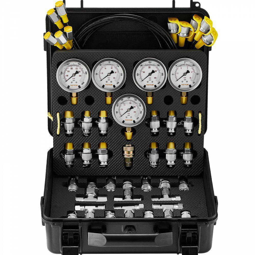 Hydraulic Pressure Test Kit, 10/100/250/400/600bar, 5 Gauges 13 Couplings 14 Tee Connectors 5 Test Hoses, Excavator Hydraulic Test Gauge Set with Carrying Case for Excavator Tractors Machinery  |  Hydraulic Equipment Hydraulic Equipment Hydraulic Equipment