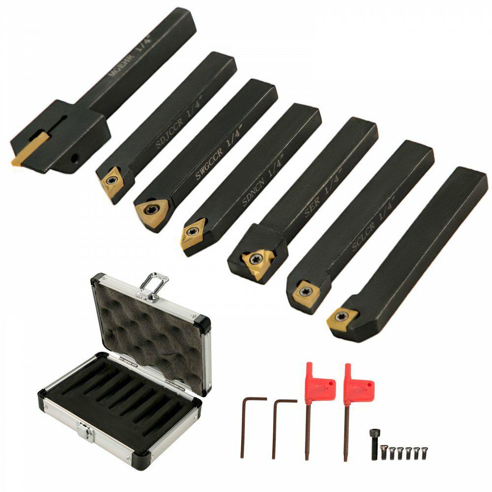 Indexable Carbide Tools 1/4″ Industrial Lathe Tools 7Pcs/Set Turning Tool Set Super-hard 40cr Mental Lathe Tools Inserts Carbide Tool Holder for Lathe in Black with Portable Case  |  Lathe Machines & Accessories Lathe Machines & Accessories Lathe Machines & Accessories