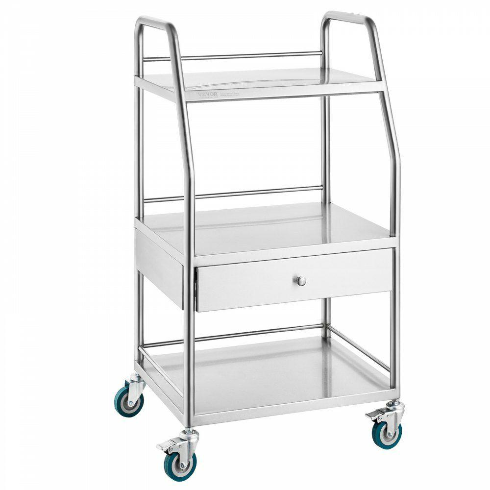 Lab Serving Cart, 3 Layers Stainless Steel Utility Rolling Cart, Medical Cart with A Drawer, Dental Utility Cart with Lockable Wheels, for Laboratory, Hospital, Dental Use  |  Lab Cart Lab Lab & Medical Furniture