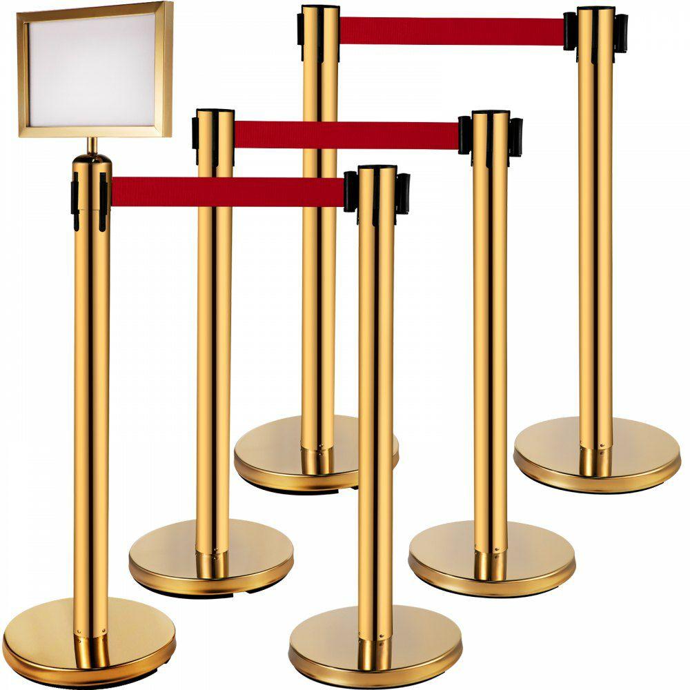 Stanchion Post Barriers 4-Set Line Dividers, Stainless Steel Stanchions with 6.6 Red Retractable Belts, Stanchions with One Sign Frame, 34.6 Queue Safety Stanchions (Gold) Golden |  Stanchion Access Barriers & Crowd Control Access Barriers & Crowd Control