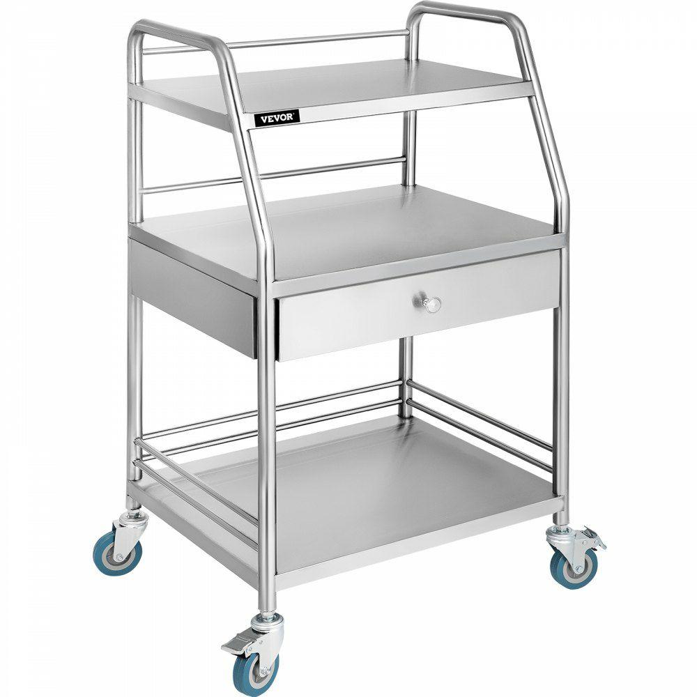 Utility Cart with Wheels Rolling Cart Commercial Wheel Dental Lab Cart Utility Services with 3 Shelves Shelf Stainless Steel (3 Shelves/ 1 Drawer)  |  Lab & Medical Furniture Lab Lab & Medical Furniture