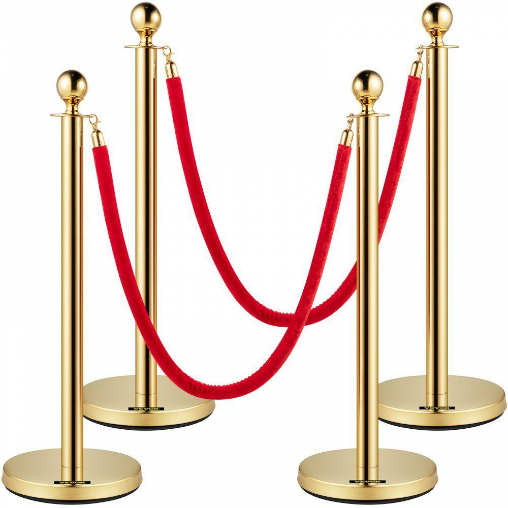 Velvet Ropes and Posts, 5 ft/1.5 m Red Rope, Stainless Steel Gold Stanchion with Ball Top, Red Crowd Control Barrier Used for Theaters, Party, Wedding, Exhibition, Ticket Offices 4 packSets  |  Stanchion Access Barriers & Crowd Control Access Barriers & Crowd Control