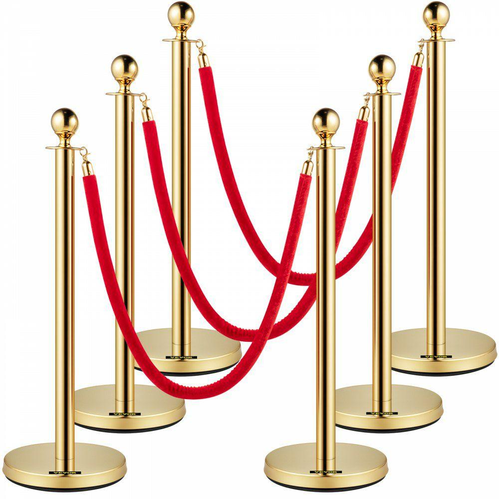 Velvet Ropes and Posts, 5 ft/1.5 m Red Rope, Stainless Steel Gold Stanchion with Ball Top, Red Crowd Control Barrier Used for Theaters, Party, Wedding, Exhibition, Ticket Offices Pack Sets (6)  |  Stanchion Access Barriers & Crowd Control Access Barriers & Crowd Control