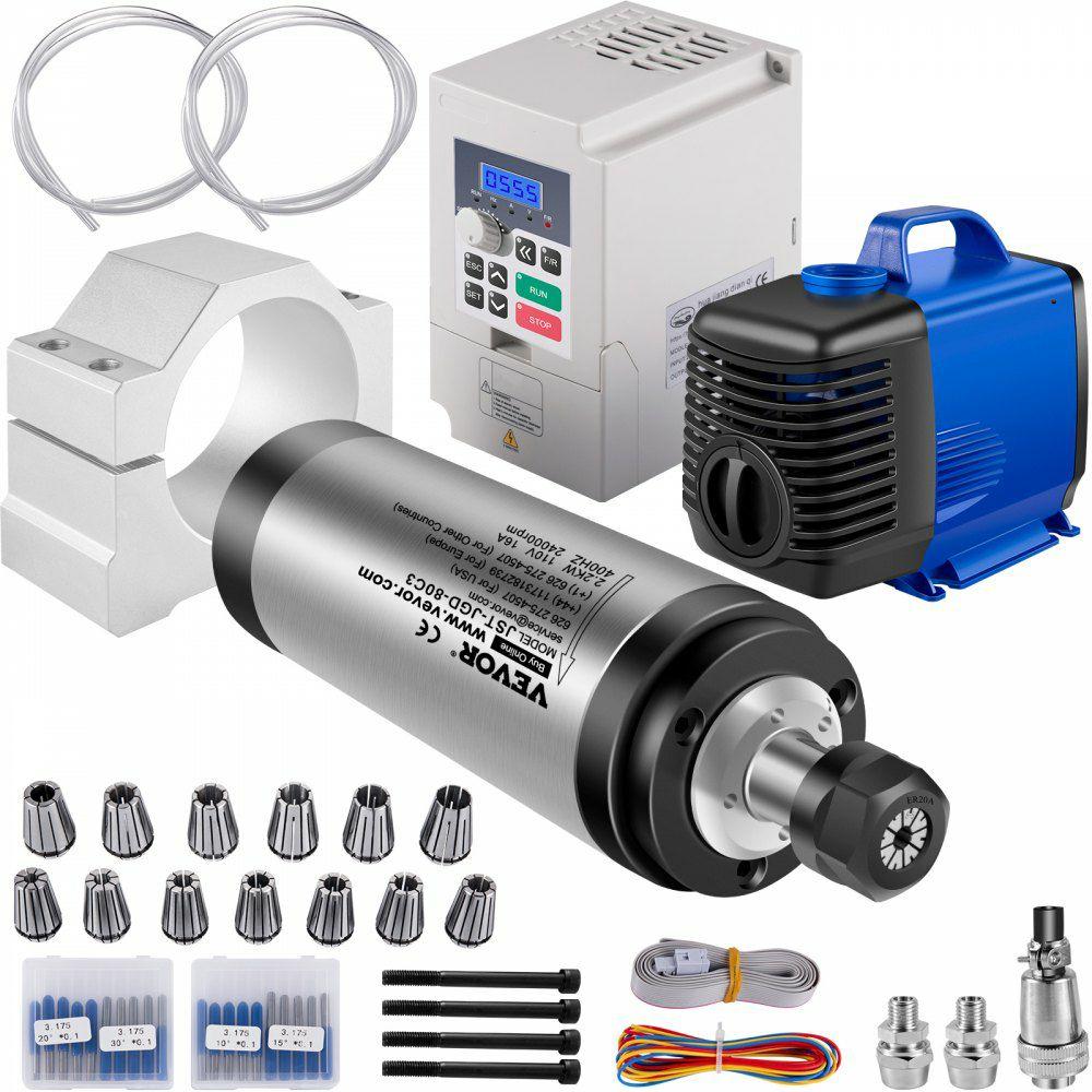 VFD CNC Spindle Motor Kits 110V CNC Spindle Motor Kits 2.2KW Water Cooled Spindle Motor 400HZ 24000RPM VFD 3HP Water Pump 110V 80W Motor Clamp Mount 80mm Water Pipe 5m for CNC Engraving Machine  |  Milling & Drilling Accessories Machining Milling & Drilling Accessories