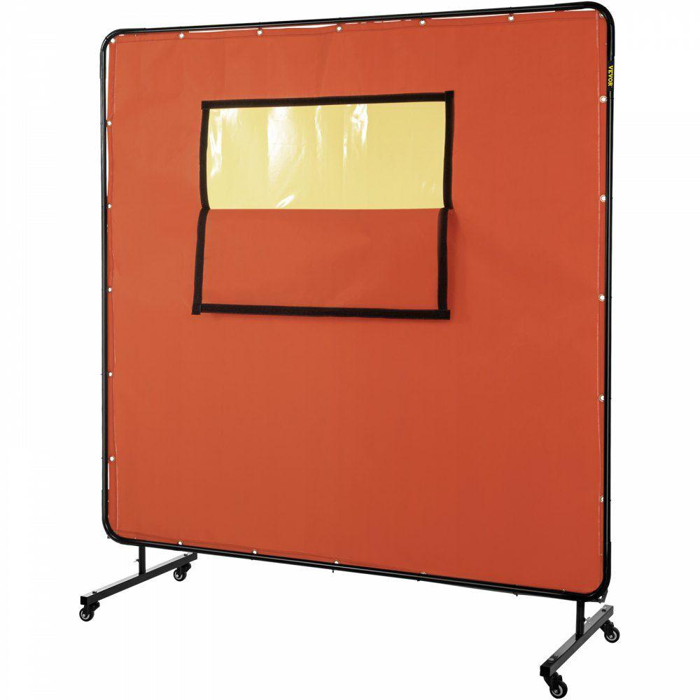 Welding Curtain, 6′ x 6′, Welding Screen with Metal Frame & 4 Wheels, Fireproof Fiberglass w/Transparent Window, for Workshop, Industrial Site, Red Red |  Welding Safety Equipment Red