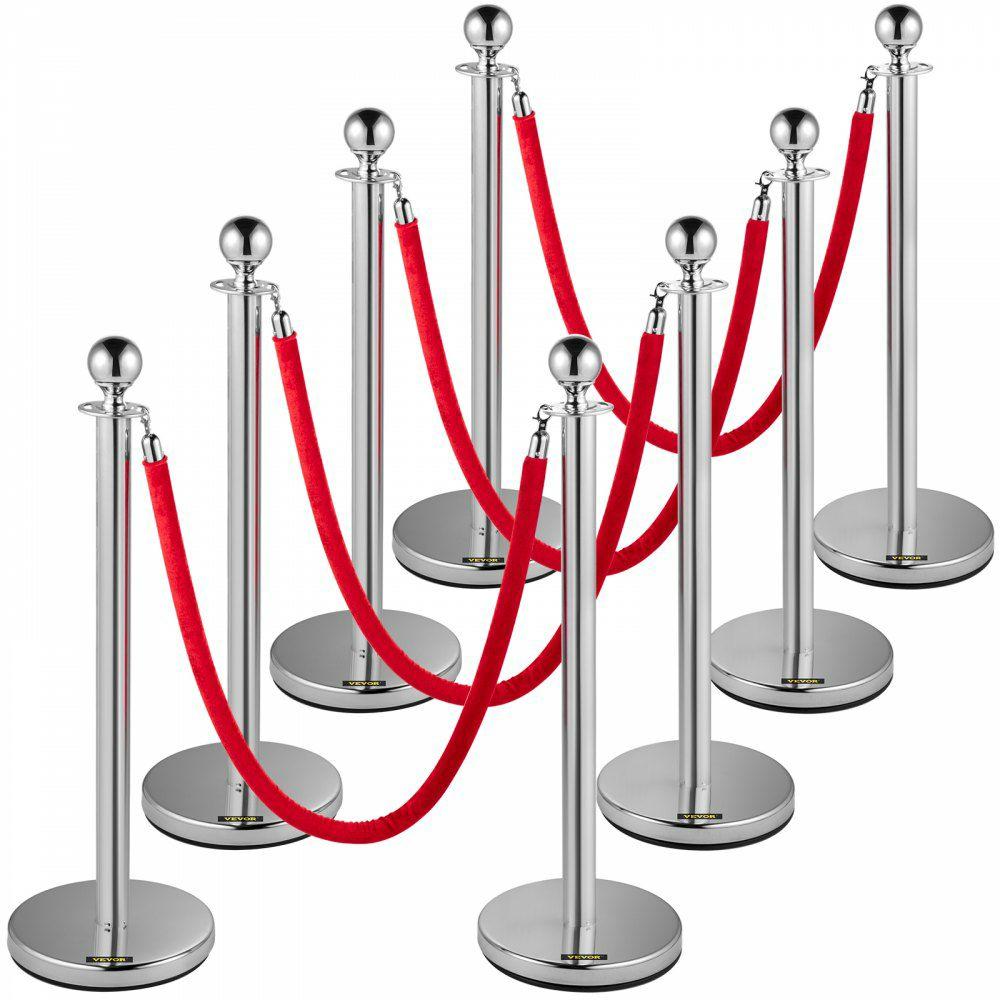 Crowd Control Stanchion, Set of 8 Pieces Stanchion Set, Stanchion Set with 5 ft/1.5 m Red Velvet Rope, Silver Crowd Control Barrier w/ Sturdy Concrete and Metal Base – Easy Connect Assembly  |  Stanchion Access Barriers & Crowd Control Access Barriers & Crowd Control