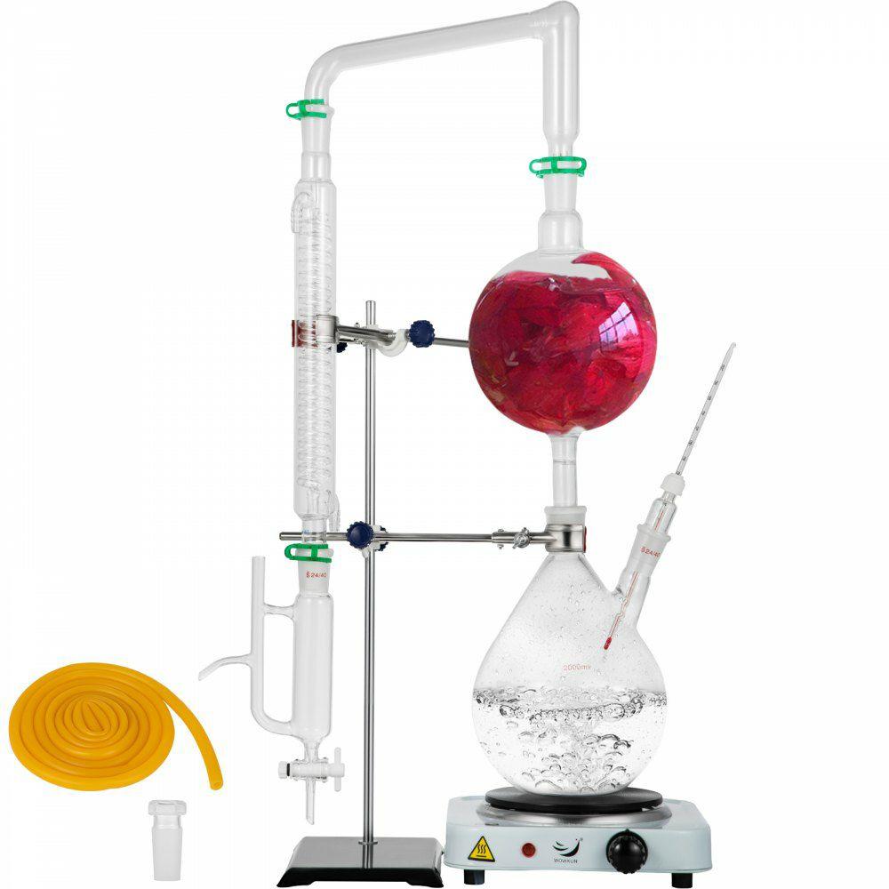 2L Essential Oil Distillation Apparatus Lab Glassware Distillation Kit Water Distiller Purifier with Hot Stove Condenser S35 & 24 or 40 Joint  |  Mixing & Blending Equipment Lab Mixing & Blending Equipment