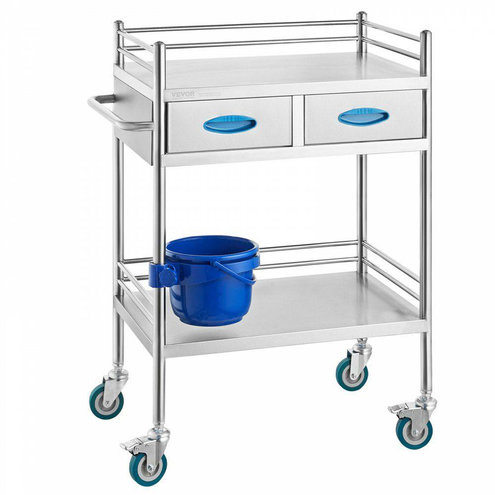 Lab Serving Cart, 2 Layers Stainless Steel Utility Rolling Cart, Medical Cart with Two Drawers, Dental Utility Cart with Lockable Wheels and A Bucket, for Laboratory, Hospital, Dental Use  |  Lab Cart Lab Lab & Medical Furniture